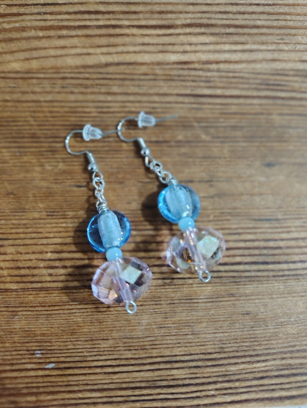 Handmade Blue and Iridescent Pink Bead Drop Earrings,  Handmade Earrings